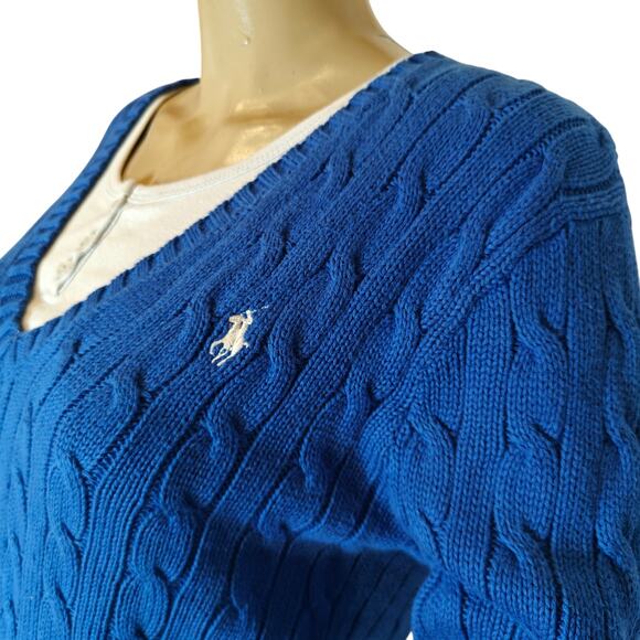 Ralph Lauren Sport Blue Cable Knit Sweater Women’s Large 100% Cotton V-Neck - Picture 3 of 4